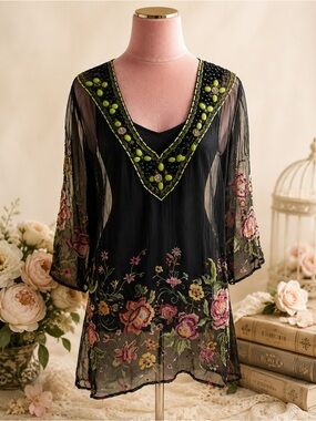 Paris Paris Black Sheer Floral Embroidered Tunic Beaded V-Neck Boho Luxe L